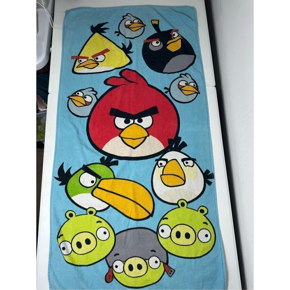 Rare Angry Birds Beach Buth Pigs Cotton Towel 51” X 26” Blue Yellow Green